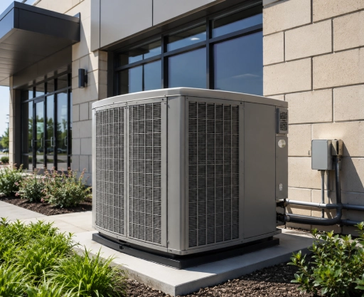 Modern building with HVAC unit and landscaping