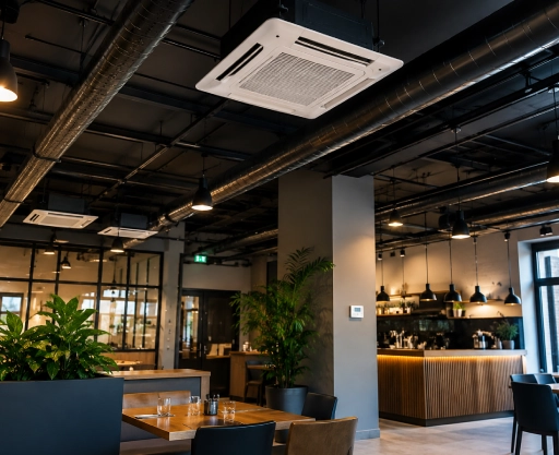 Modern, industrial space with a bar...