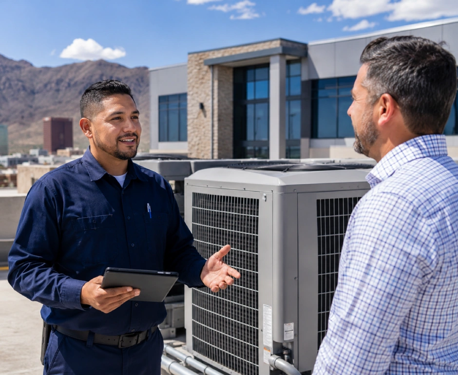 Rooftop discussion with HVAC backdrop