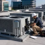 HVAC technician working on commercial rooftop cooling and heating systems in El Paso