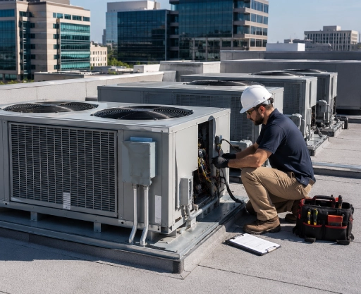 HVAC technician working on commercial rooftop cooling and heating systems in El Paso