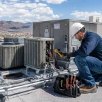 HVAC technician installing or inspecting a cooling and heating system for a property in El Paso