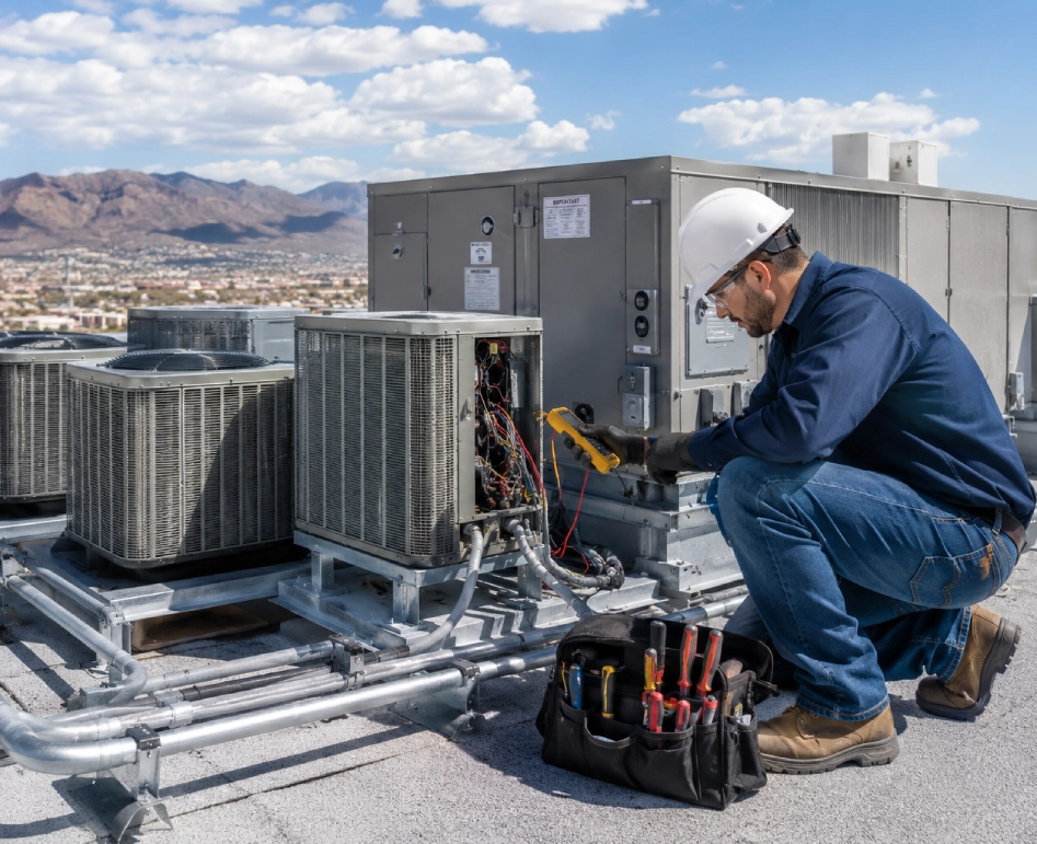 HVAC technician installing or inspecting a cooling and heating system for a property in El Paso