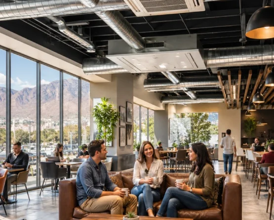 Cozy, modern cafe with scenic views