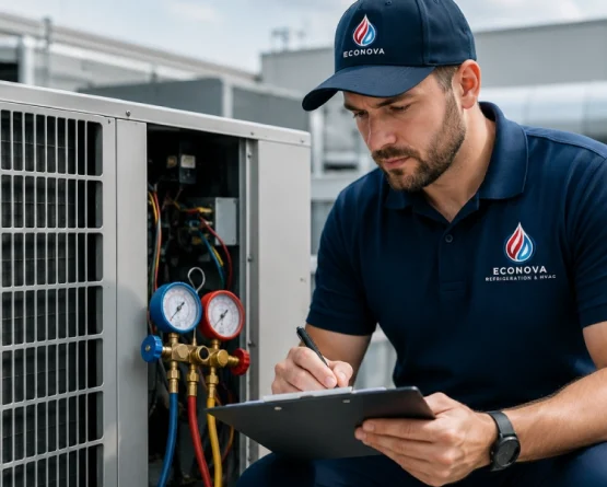 HVAC technician inspecting rooftop unito