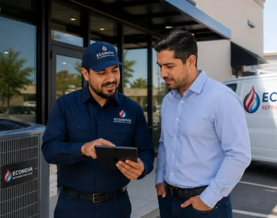 Technician and customer discuss HVAC options