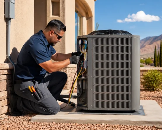 Technician servicing HVAC in desert yard