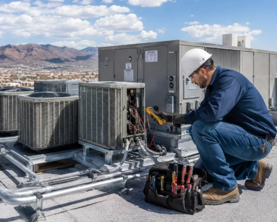 HVAC technician installing or inspecting a cooling and heating system for a property in El Paso