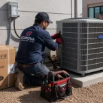 HVAC technician installing a new air conditioning unit outside a residential property in El Paso