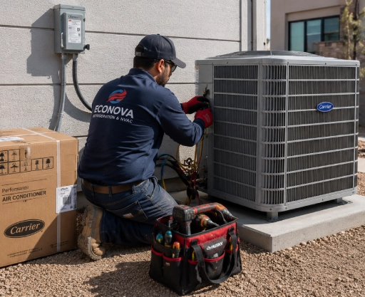 HVAC technician installing a new air conditioning unit outside a residential property in El Paso