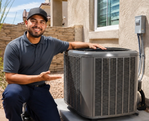 HVAC technician next to a residential refrigerated air system outside a home in El Paso